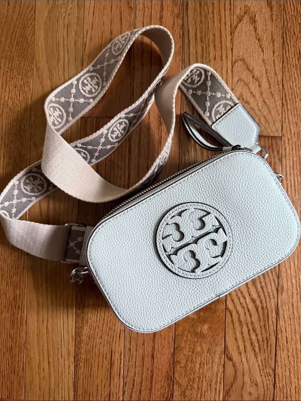 Tory Burch Light Taupe Pebbled Leather Crossbody with Logo Strap
